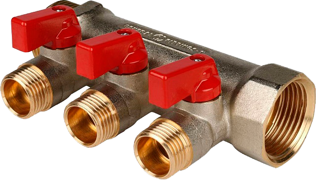 Коллектор с шаровыми кранами 1", 3 отвода 1/2" (красные ручки)(STOUT)