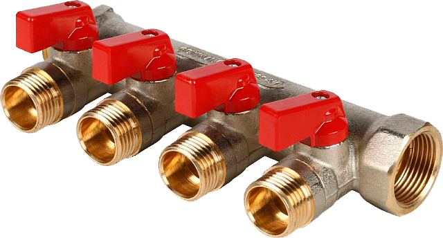 Коллектор с шаровыми кранами  3/4", 4 отвода 1/2" (красные ручки)(STOUT)