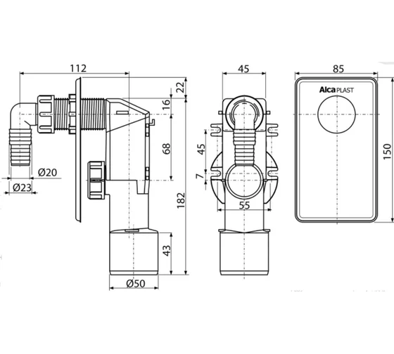 Сифон для СМА под штукатурку белый AlcaPlast