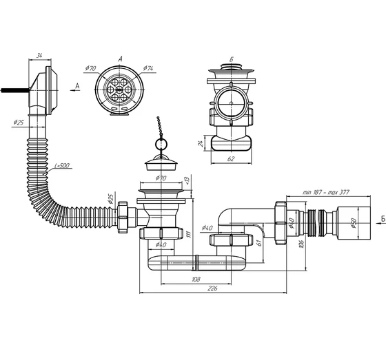 Обвязка для ванны 1 1/2" с вып. и перел. с гофрой 40*50 Ани пласт (30/1)