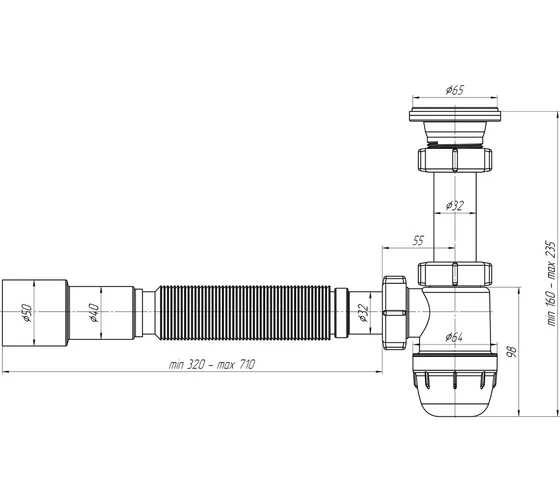 Сифон для умыв 1 1/4"х 32 "Юнг"винт 85 мм с гибк. трубой 32 х 40/50 АНИ Пласт (15/1)