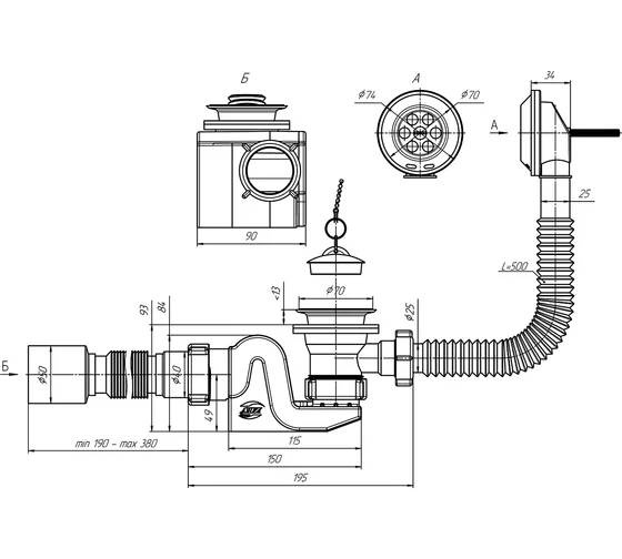 Обвязка для ванны 1 1/2" с выпуском и переливом с гофрой 40*50 Ани пласт