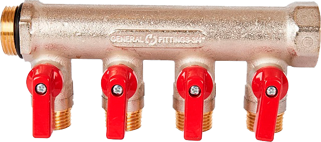 Коллектор с шар. кранами 3/4 , 4 отвода 1/2  (красные ручки)