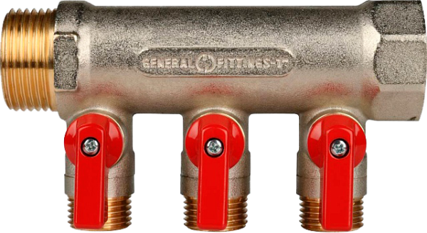 Коллектор с шаровыми кранами 1", 3 отвода 1/2" (красные ручки)(STOUT)