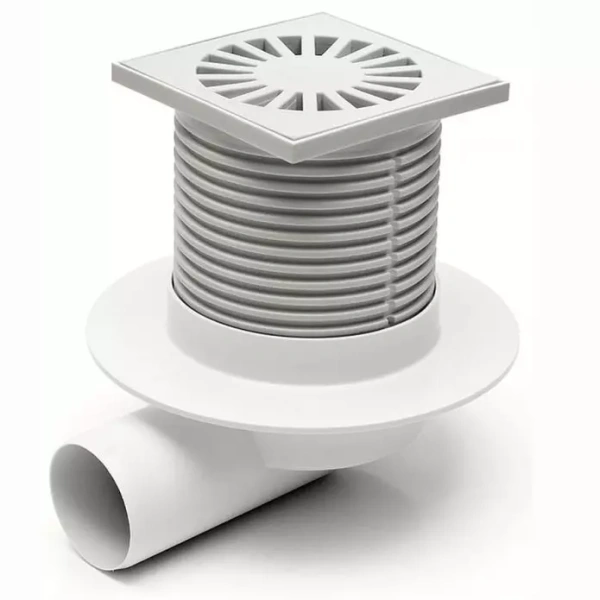 410 L  Трап с боковым выпуском, с фартуком, DN50 пластиковая решетка 100x100 (PVB50P-L1)