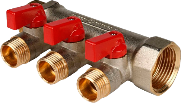 Коллектор с шаровыми кранами 1", 3 отвода 1/2" (красные ручки)(STOUT)