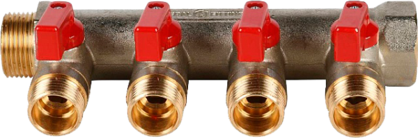 Коллектор с шаровыми кранами  3/4", 4 отвода 1/2" (красные ручки)(STOUT)