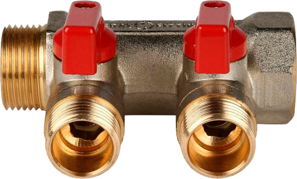 Коллектор с шаровыми кранами  3/4", 2 отвода 1/2" (красные ручки)(STOUT)