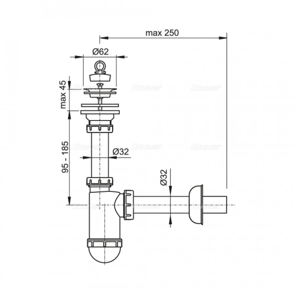 Сифон для умывальника A411 Ø32 с нержавеющей peшeткой Ø63