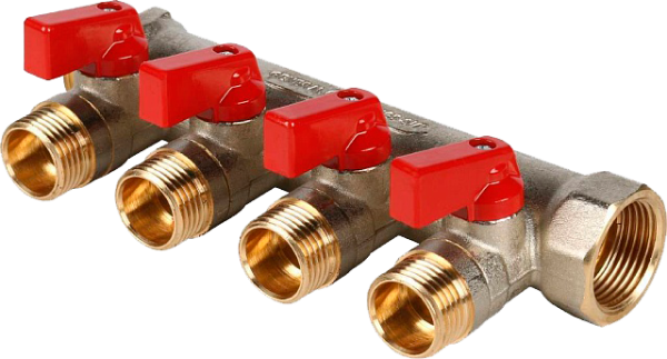 Коллектор с шар. кранами 3/4 , 4 отвода 1/2  (красные ручки)