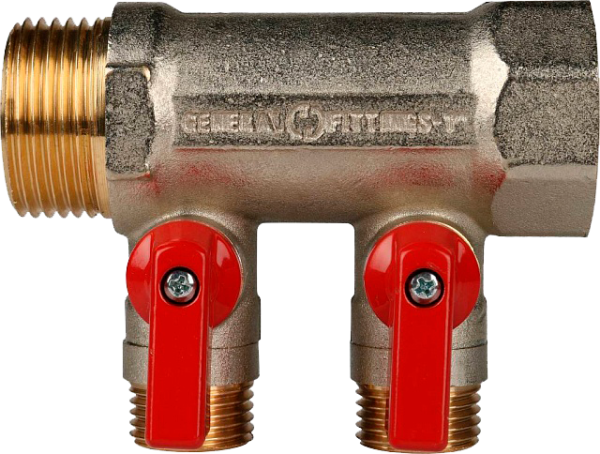 Коллектор с шаровыми кранами 1", 2 отвода 1/2" (красные ручки)(STOUT)