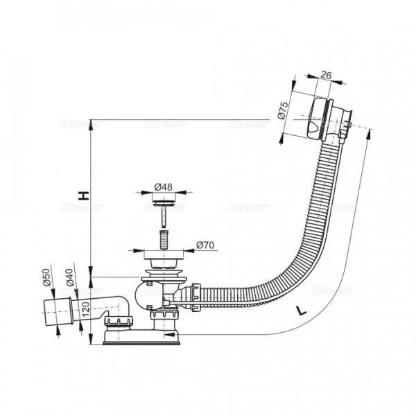 Сифон для ванны A51 B автомат комплект БЕЛЫЙ пластик/металл Alca plast (A51B-60)
