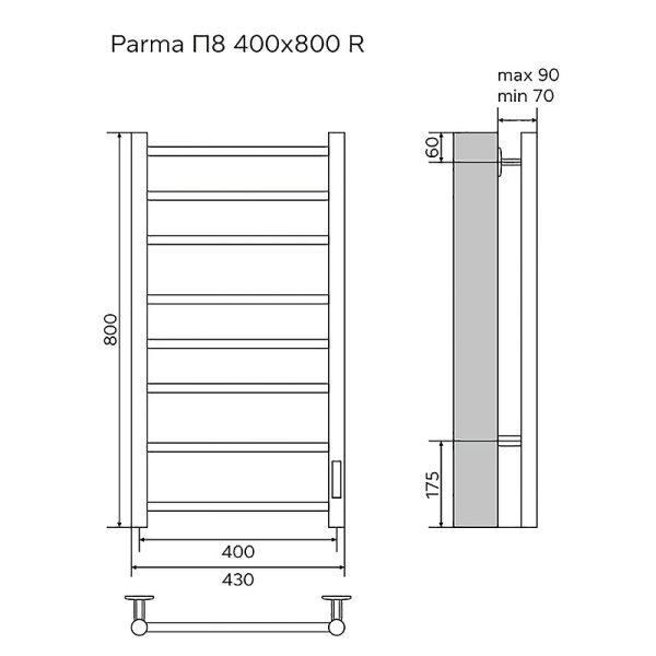 Полотенцесушитель PARMA 400/800 электрический R 8 перек. AZARIO(хром) (88229) Магазин сантехники Нижний Новгород