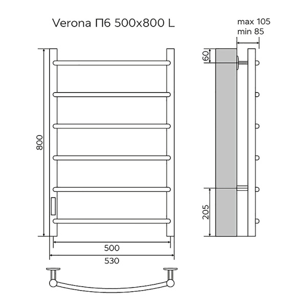 Полотенцесушитель VERONA 500/800 электрический L 6 перек. AZARIO(черный) (88219) Магазин сантехники Нижний Новгород