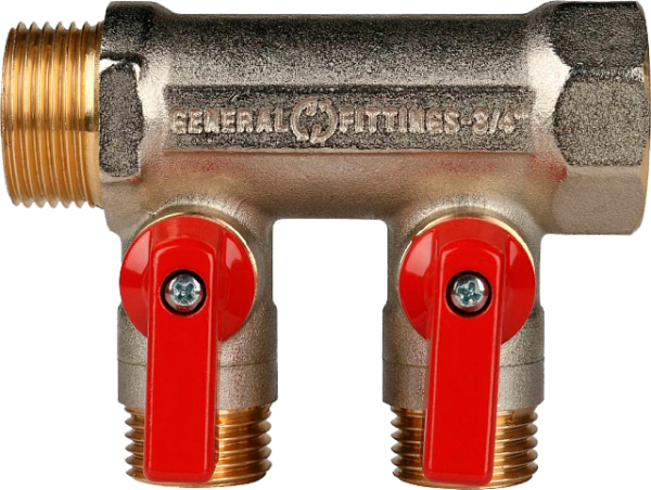 Коллектор с шаровыми кранами  3/4", 2 отвода 1/2" (красные ручки)(STOUT)