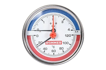 Термоманометр аксиальный  0- 4 bar 0-120°С 80мм 1/2" ROMMER