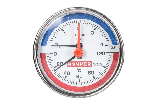 Термоманометр аксиальный  0- 4 bar 0-120°С 80мм 1/2" ROMMER