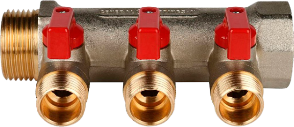 Коллектор с шаровыми кранами 1", 3 отвода 1/2" (красные ручки)(STOUT)