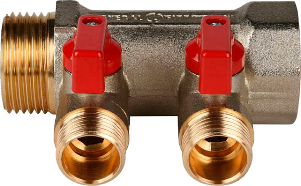 Коллектор с шаровыми кранами 1", 2 отвода 1/2" (красные ручки)(STOUT)