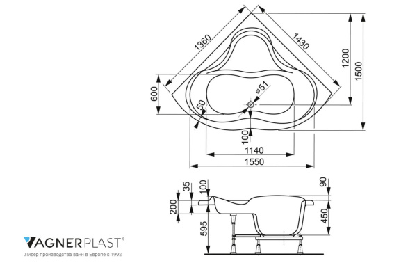 Iris 143х143х45 см - Ванна акриловая угловая + комплект ног Магазин сантехники Нижний Новгород
