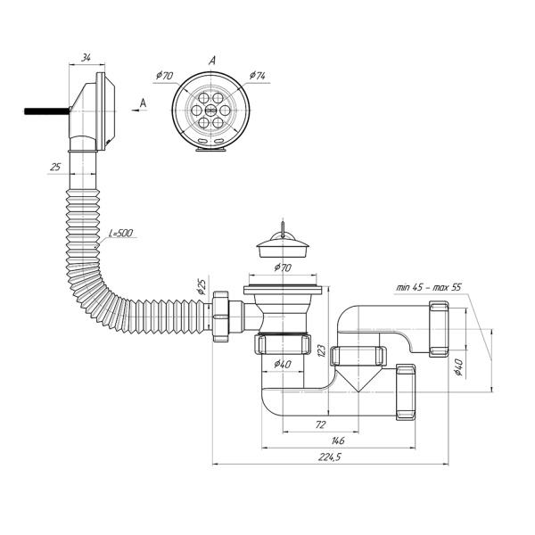 Сифон Варяг для ванны с выпуском и переливом регулируемый Ани пласт