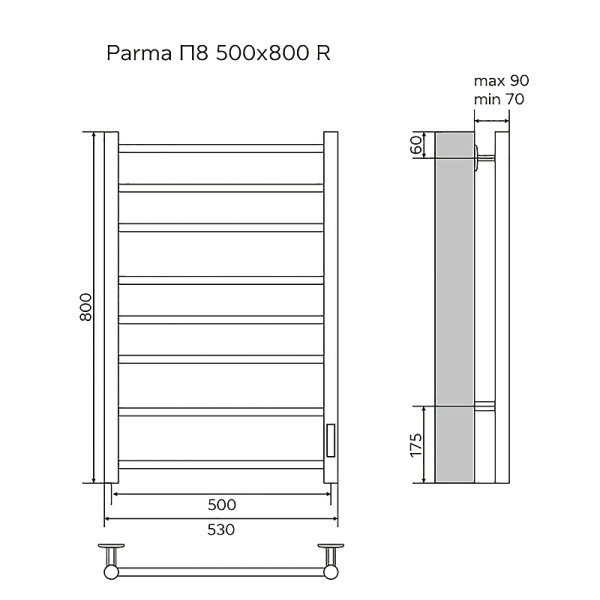 Полотенцесушитель PARMA 500/800 электрический R 8 перек. AZARIO(хром) Магазин сантехники Нижний Новгород
