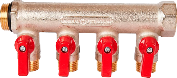 Коллектор с шар. кранами 3/4 , 4 отвода 1/2  (красные ручки)