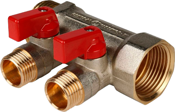 Коллектор с шаровыми кранами 1", 2 отвода 1/2" (красные ручки)(STOUT)