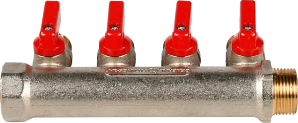 Коллектор с шаровыми кранами  3/4", 4 отвода 1/2" (красные ручки)(STOUT)