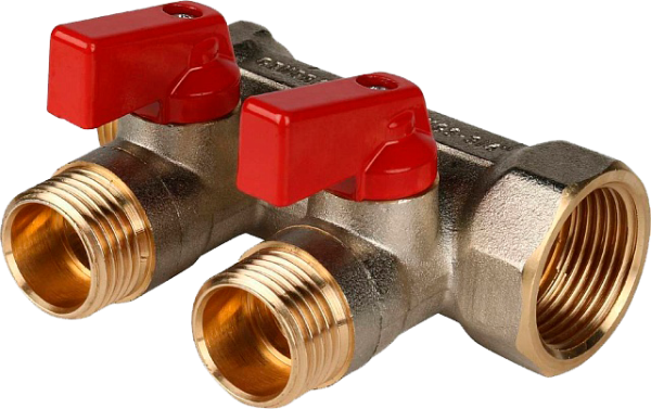 Коллектор с шаровыми кранами  3/4", 2 отвода 1/2" (красные ручки)(STOUT)